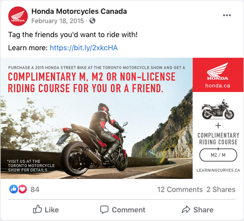 Facebook post for Honda Motorcycle Canada